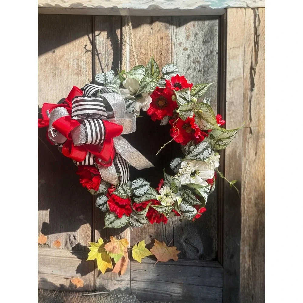 Colorful Spring Wreath; Faux Floral Door Accent; Red and White Wreath
